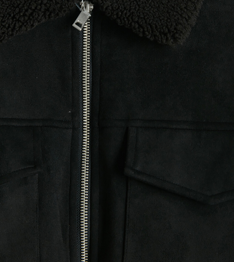 Solid Shearling Collar Zip Casual Jacket