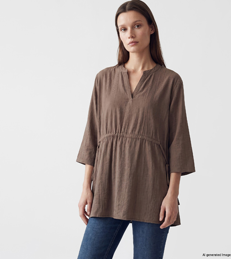 Solid V-Neck Drawstring Waist Tunic