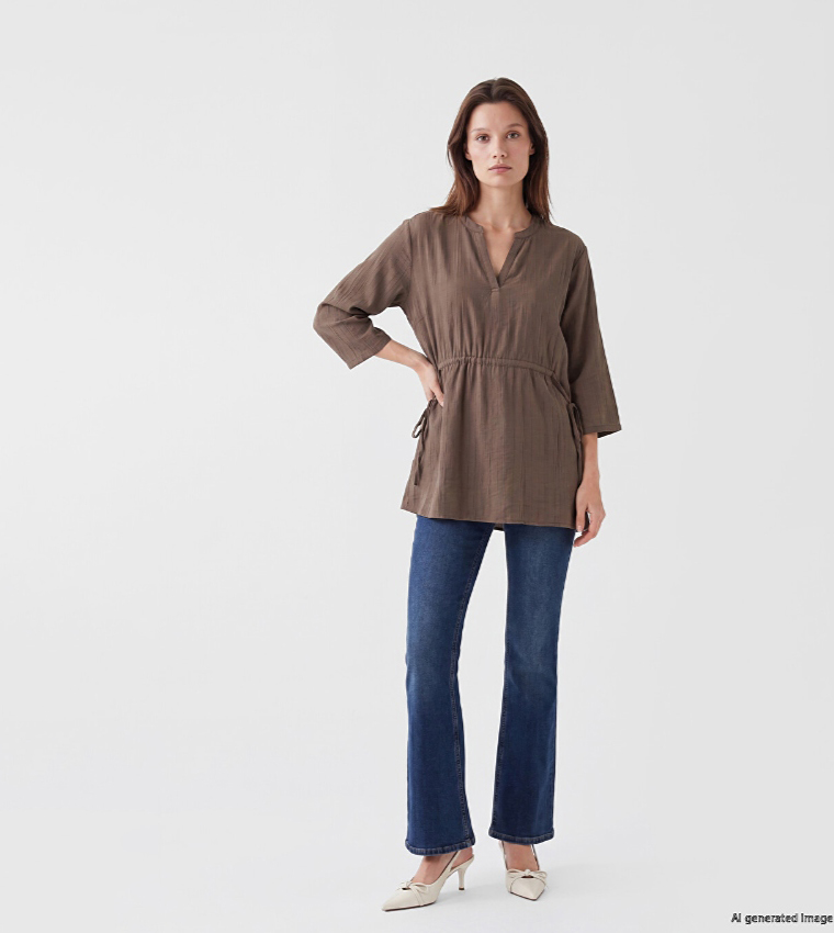 Solid V-Neck Drawstring Waist Tunic
