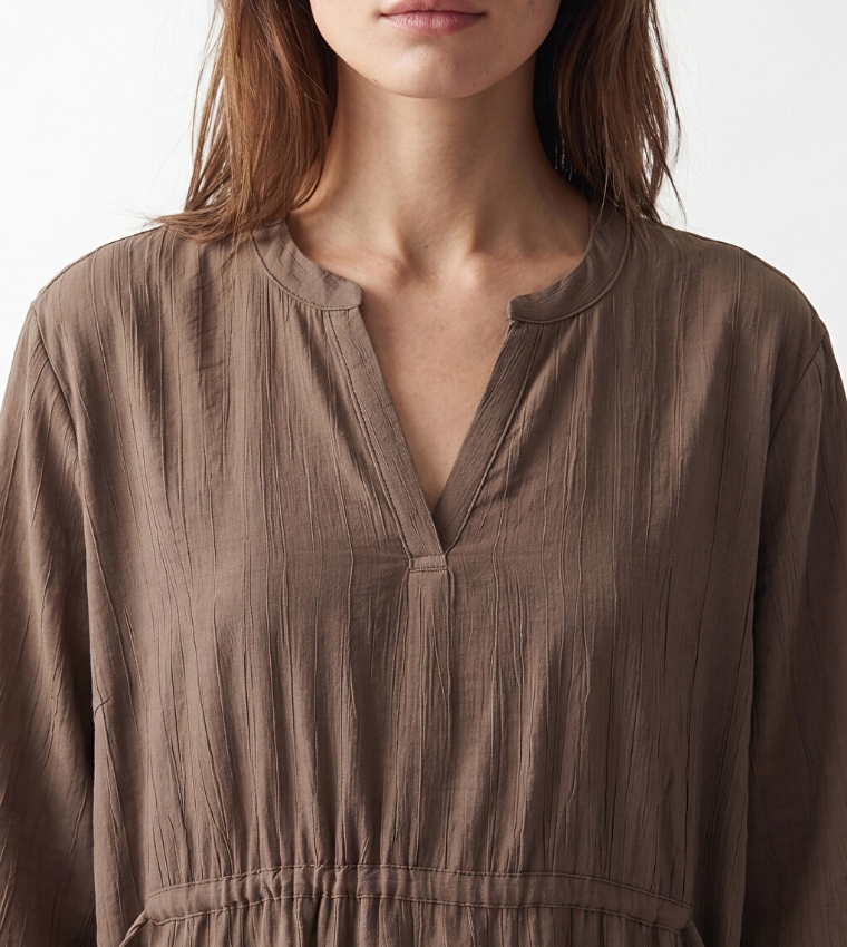 Solid V-Neck Drawstring Waist Tunic