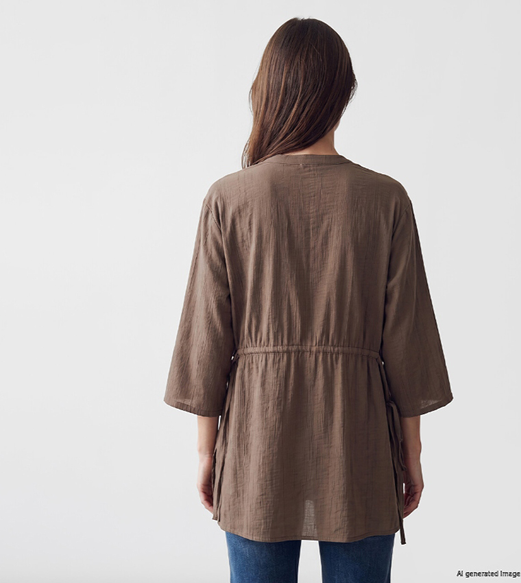 Solid V-Neck Drawstring Waist Tunic