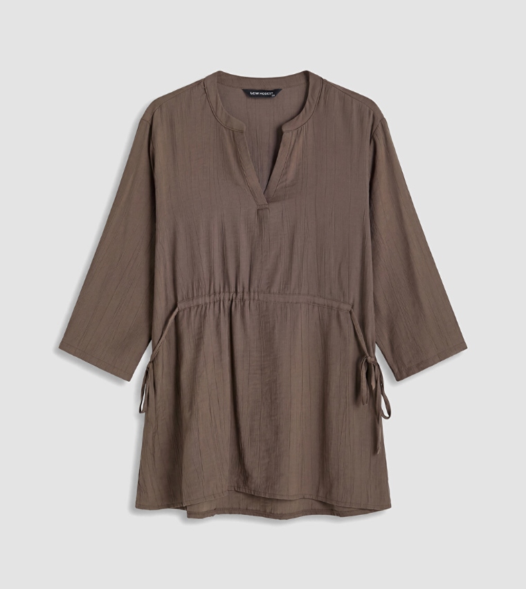Solid V-Neck Drawstring Waist Tunic