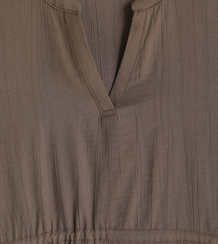 Solid V-Neck Drawstring Waist Tunic