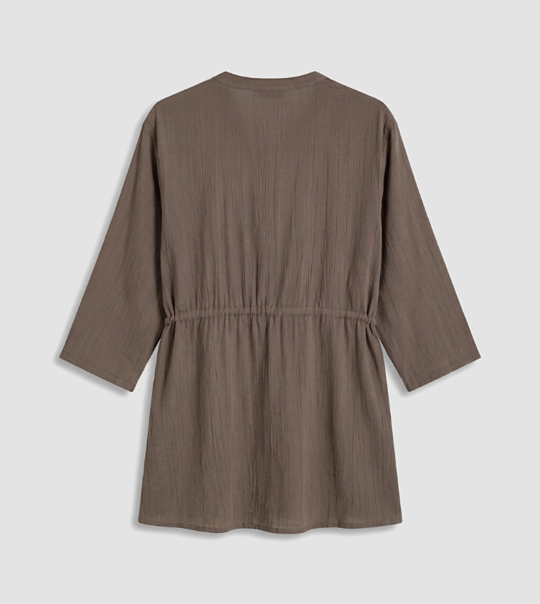 Solid V-Neck Drawstring Waist Tunic