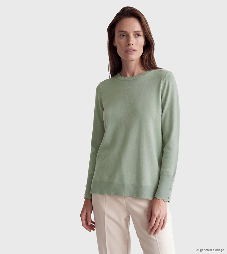 Pearl Button Cuff Solid Crew Neck Sweater