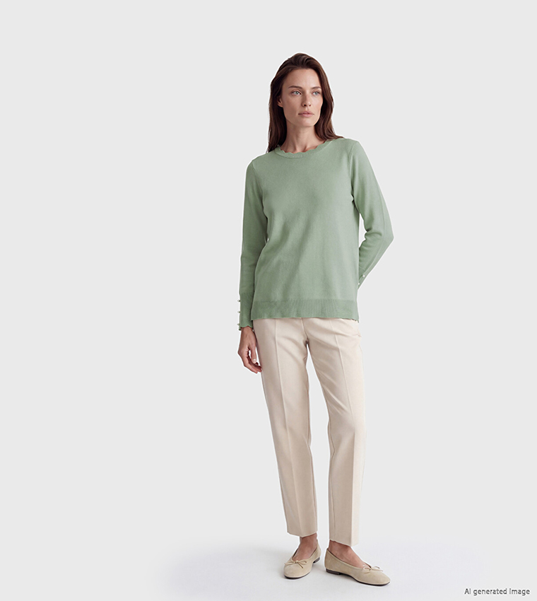 Pearl Button Cuff Solid Crew Neck Sweater