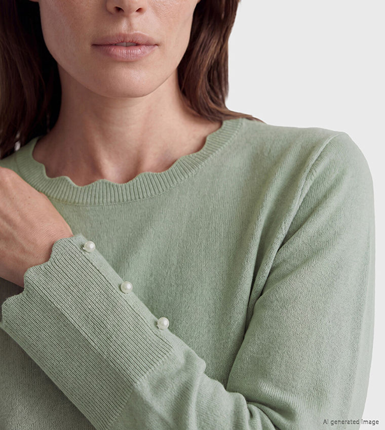 Pearl Button Cuff Solid Crew Neck Sweater