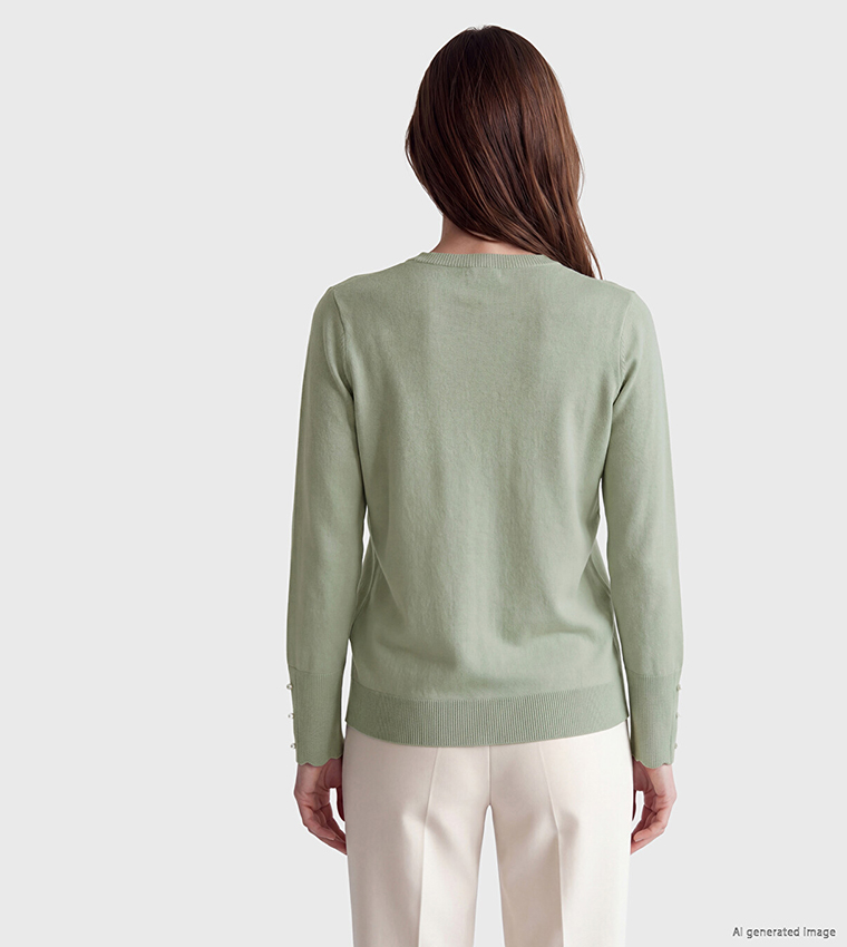 Pearl Button Cuff Solid Crew Neck Sweater