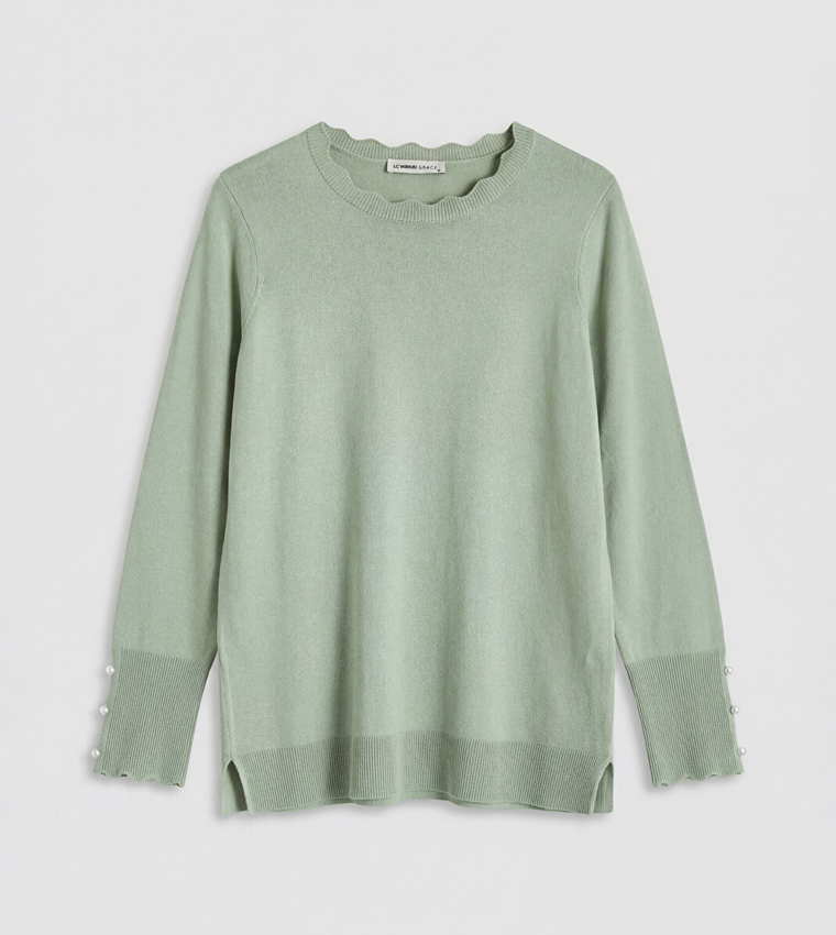Pearl Button Cuff Solid Crew Neck Sweater