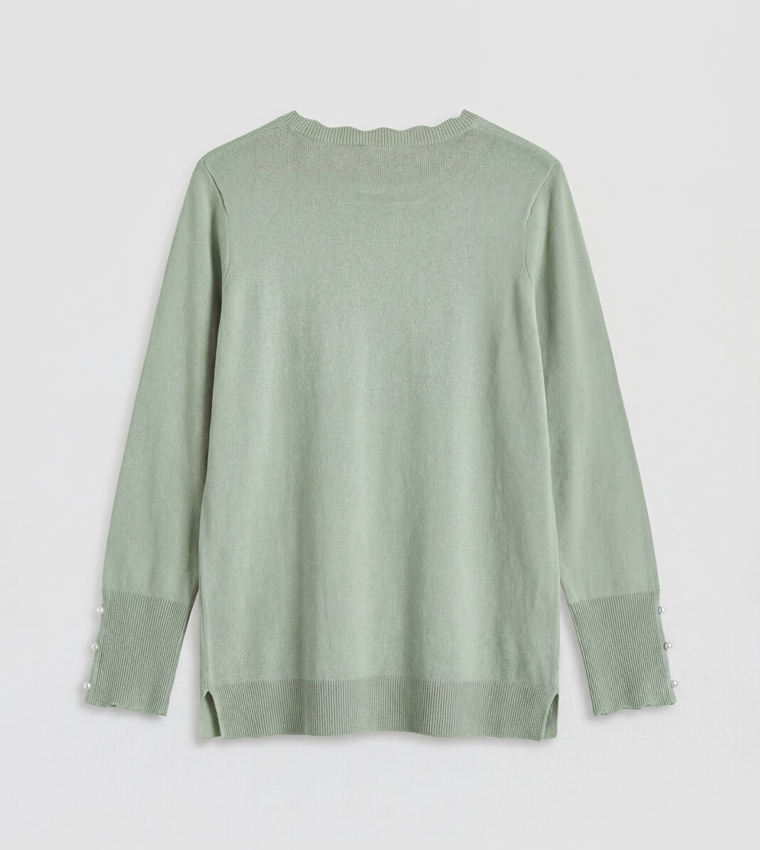 Pearl Button Cuff Solid Crew Neck Sweater