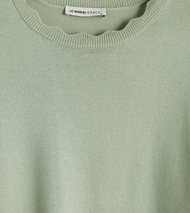 Pearl Button Cuff Solid Crew Neck Sweater