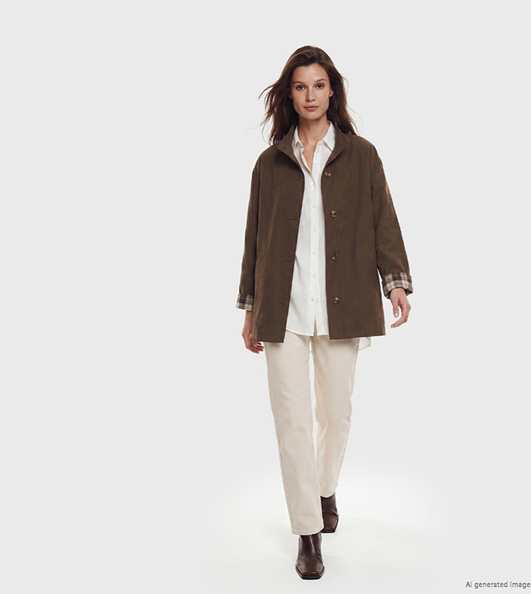 Solid High Neck Button Closure Overcoat