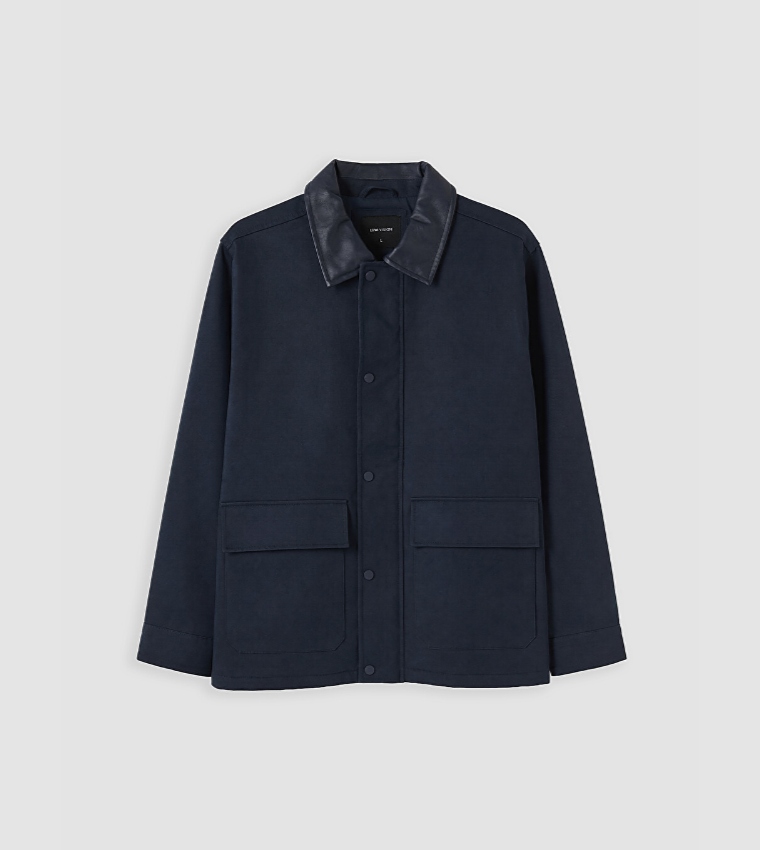 Solid Leather Collar Snap Button Casual Jacket