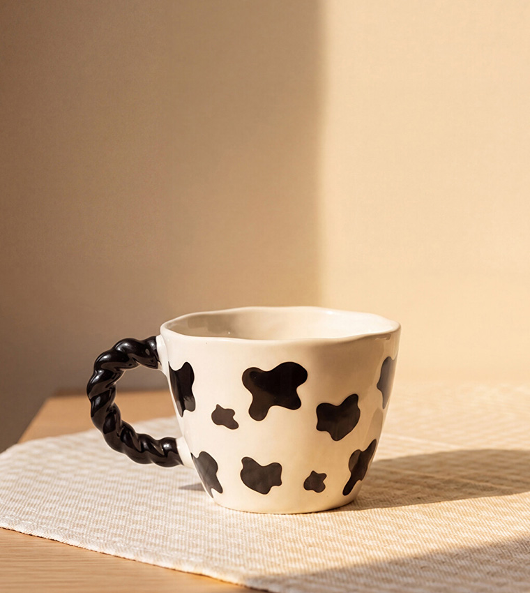 Cow Patterned Twisted Handle Ceramic Mug, 270ml