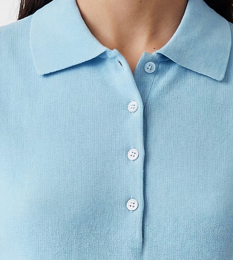 Solid Short Sleeves Collared Sweater