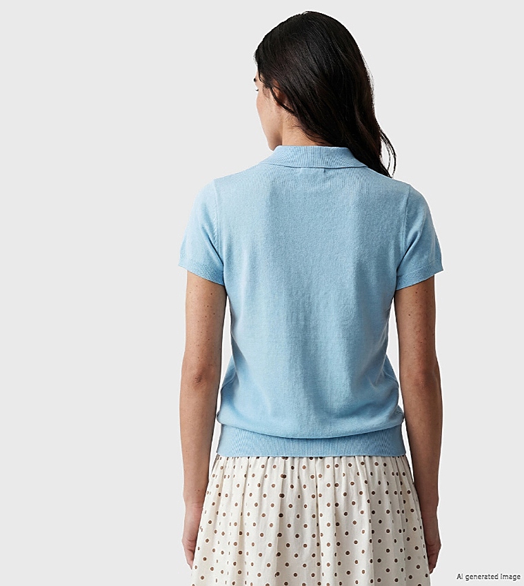 Solid Short Sleeves Collared Sweater