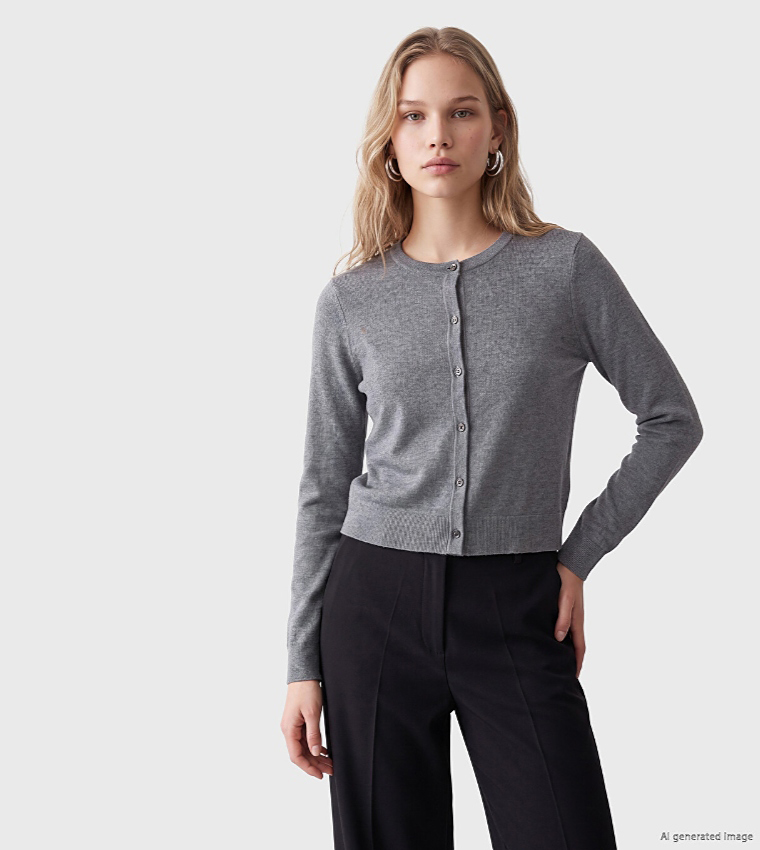 Solid Crew Neck Cardigan