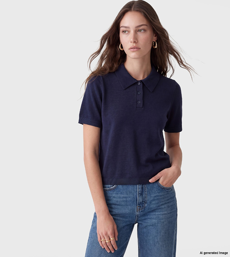 Solid Collared Short Sleeves Sweater