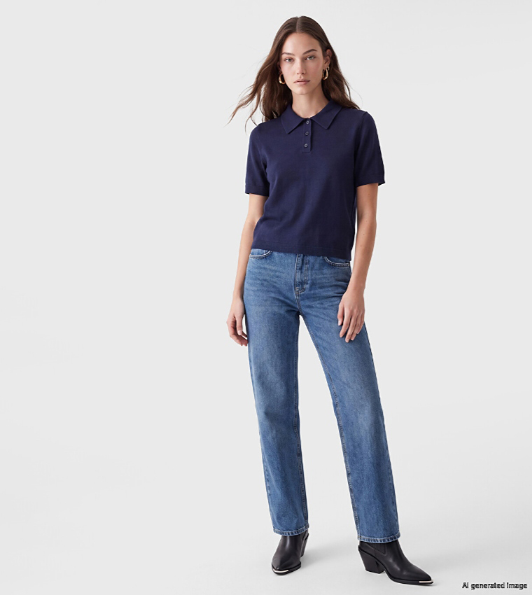 Solid Collared Short Sleeves Sweater