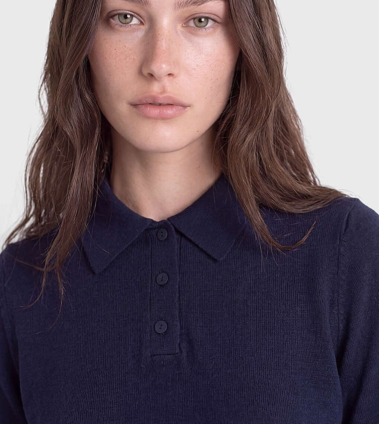 Solid Collared Short Sleeves Sweater