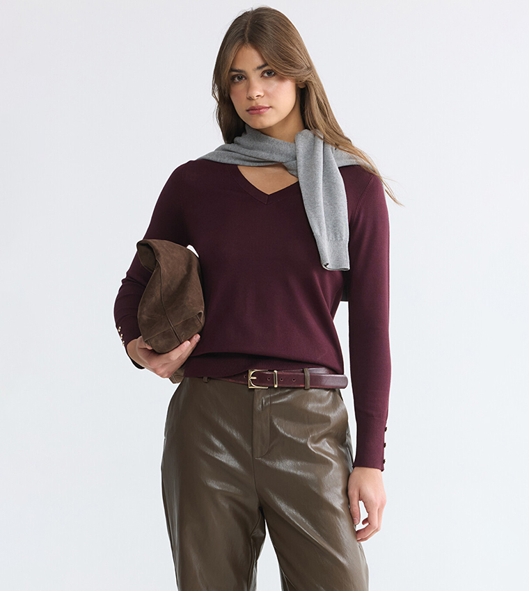 LC Waikiki  V-neck Sweaters - Maroon V-neck Sweaters