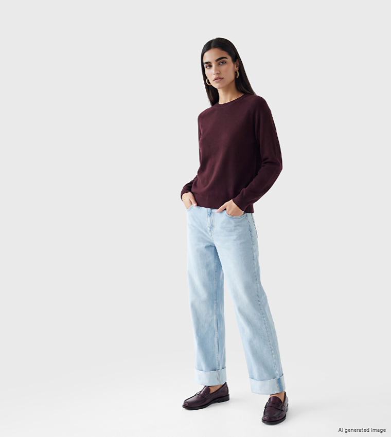 LC Waikiki  Round Neck Sweaters - Burgundy Round Neck Sweaters