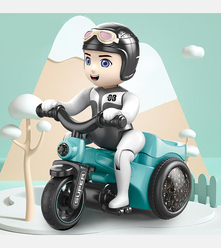 Stunt 360 Rotating Bicycle Toy Bump & Go Tricycle with Flashing Light & Sound - Blue