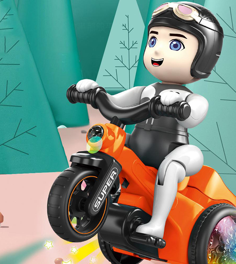 Stunt 360 Rotating Bicycle Toy Bump & Go Tricycle with Flashing Light & Sound - Orange