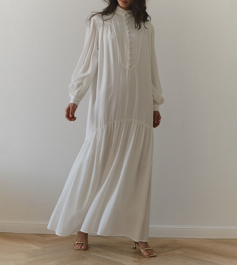 Solid Balloon Sleeves Maxi Dress