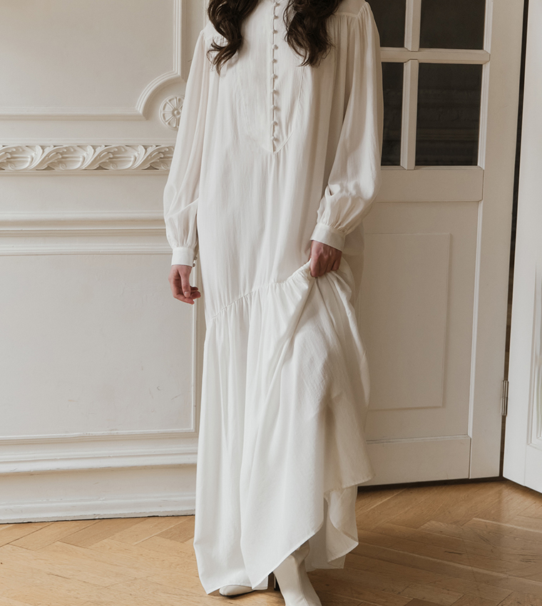Solid Balloon Sleeves Maxi Dress