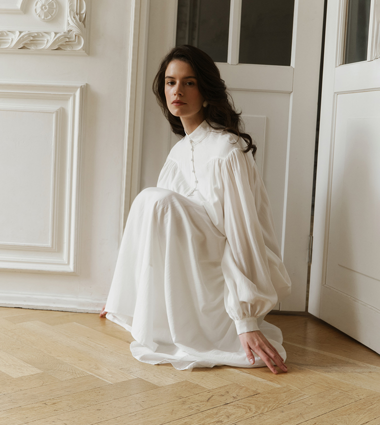 Solid Balloon Sleeves Maxi Dress