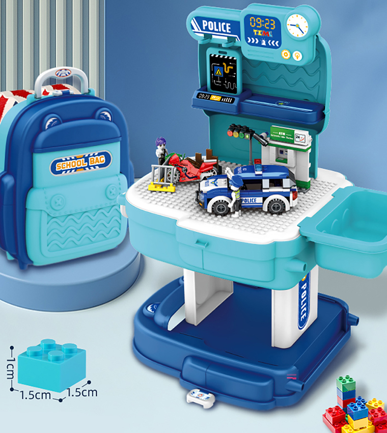 Role Play Police Station With Police Car And Block Toy Set School Bag (219 Pcs) 2-In-1 Mode