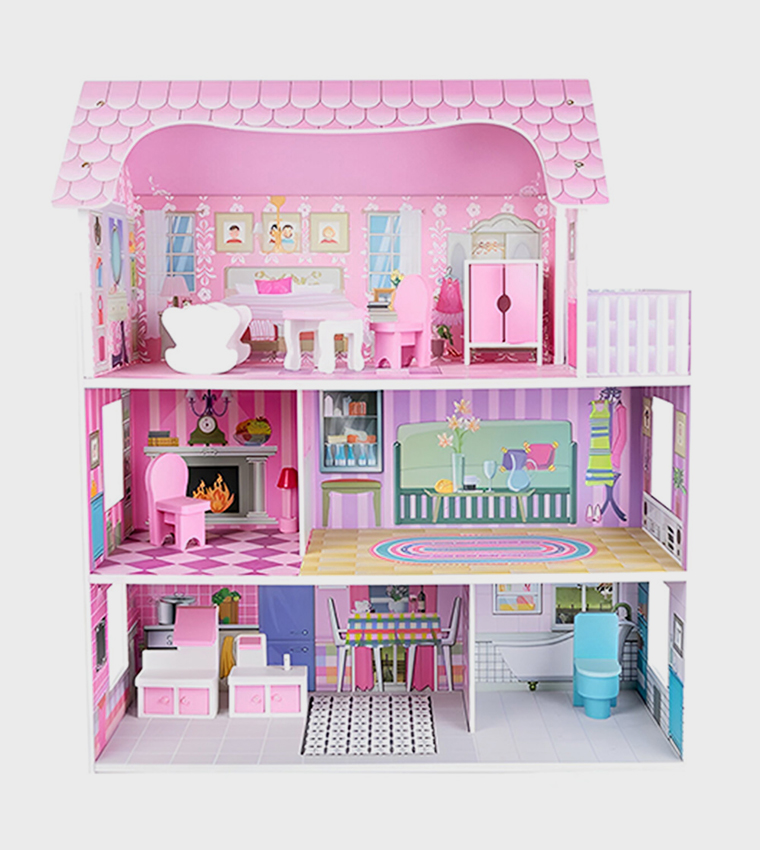 Wooden Dollhouse 3-Floor Castle Villa with Furniture & Accessories