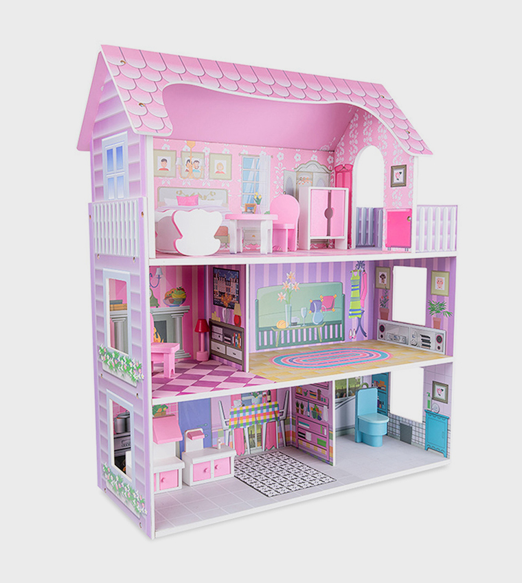 Wooden Dollhouse 3-Floor Castle Villa with Furniture & Accessories