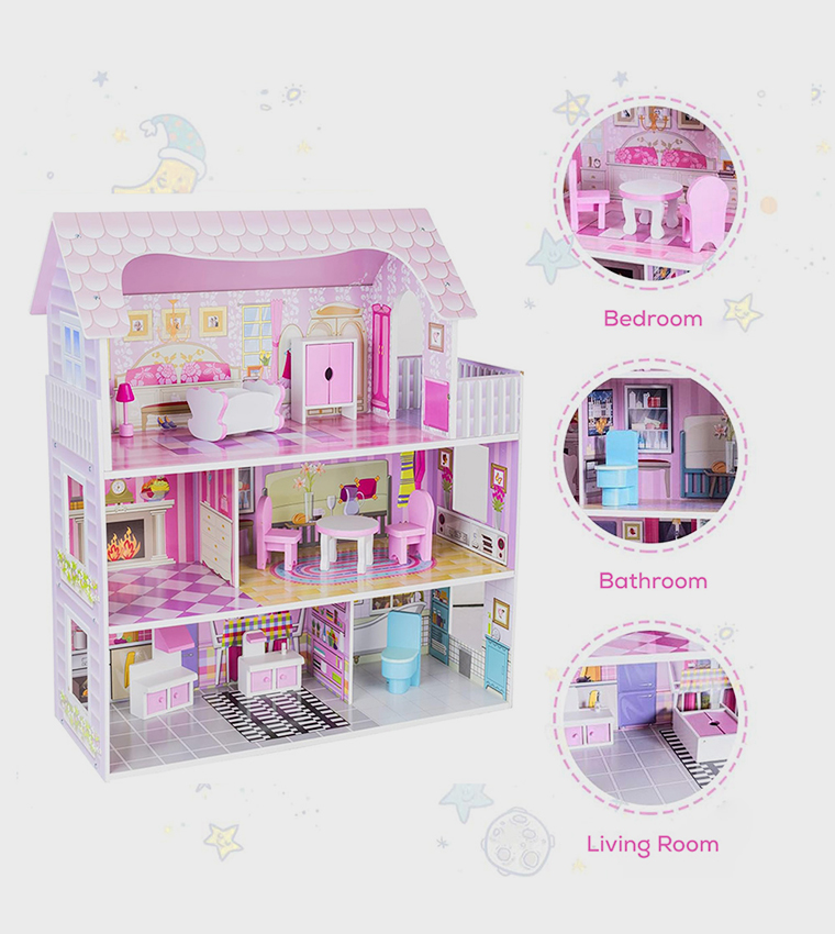 Wooden Dollhouse 3-Floor Castle Villa with Furniture & Accessories