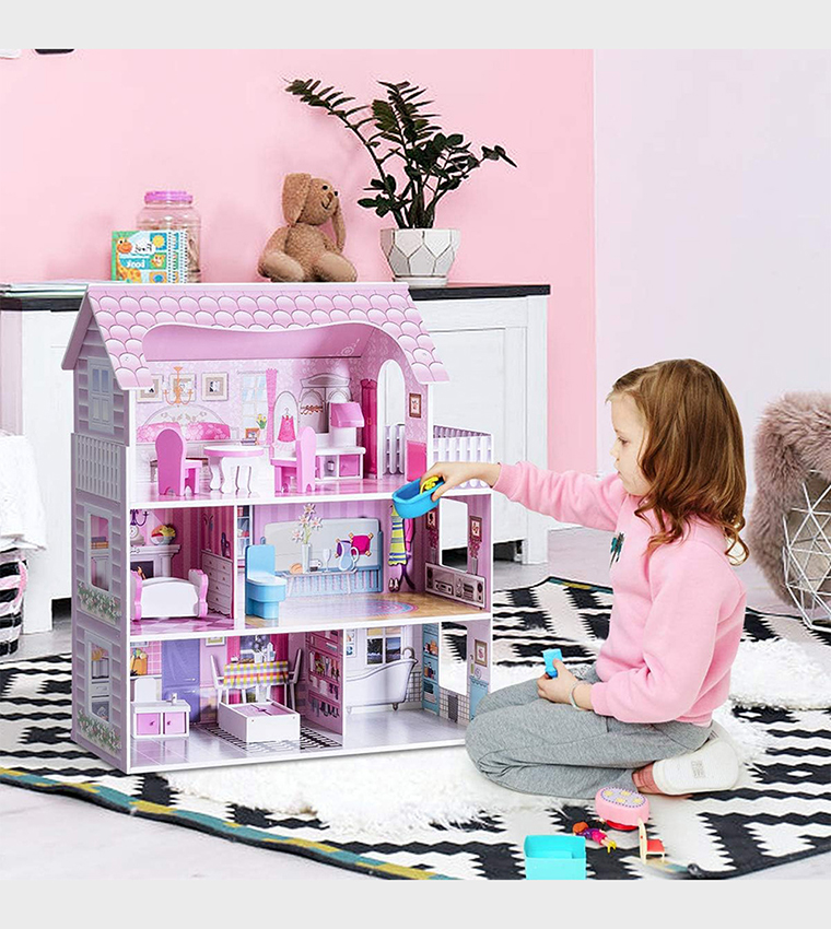 Wooden Dollhouse 3-Floor Castle Villa with Furniture & Accessories