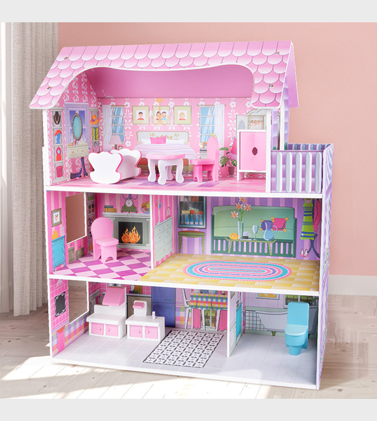 Wooden Dollhouse 3-Floor Castle Villa with Furniture & Accessories