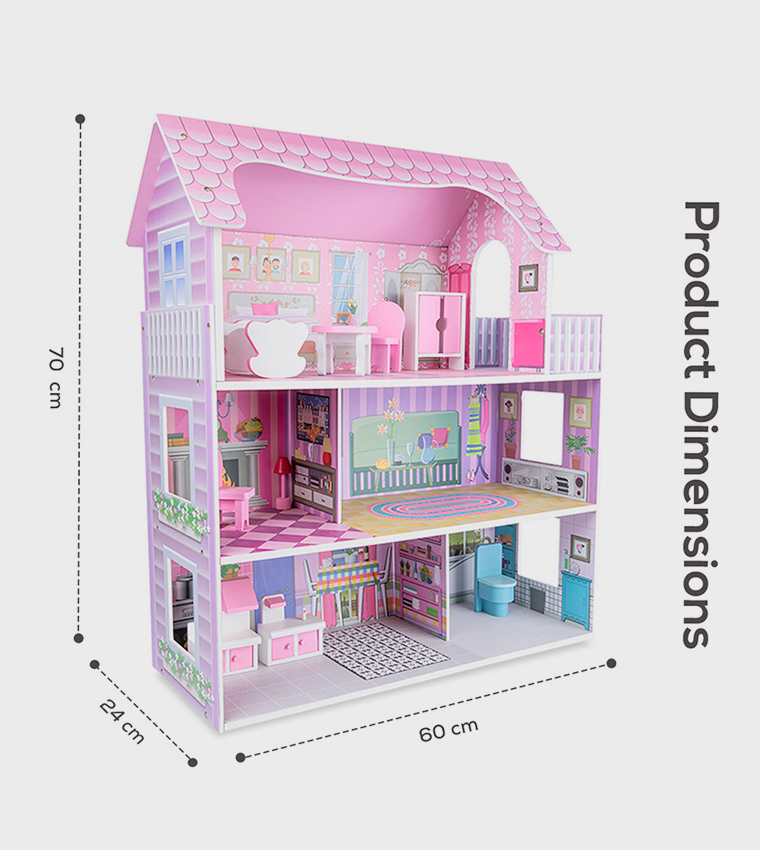 Wooden Dollhouse 3-Floor Castle Villa with Furniture & Accessories