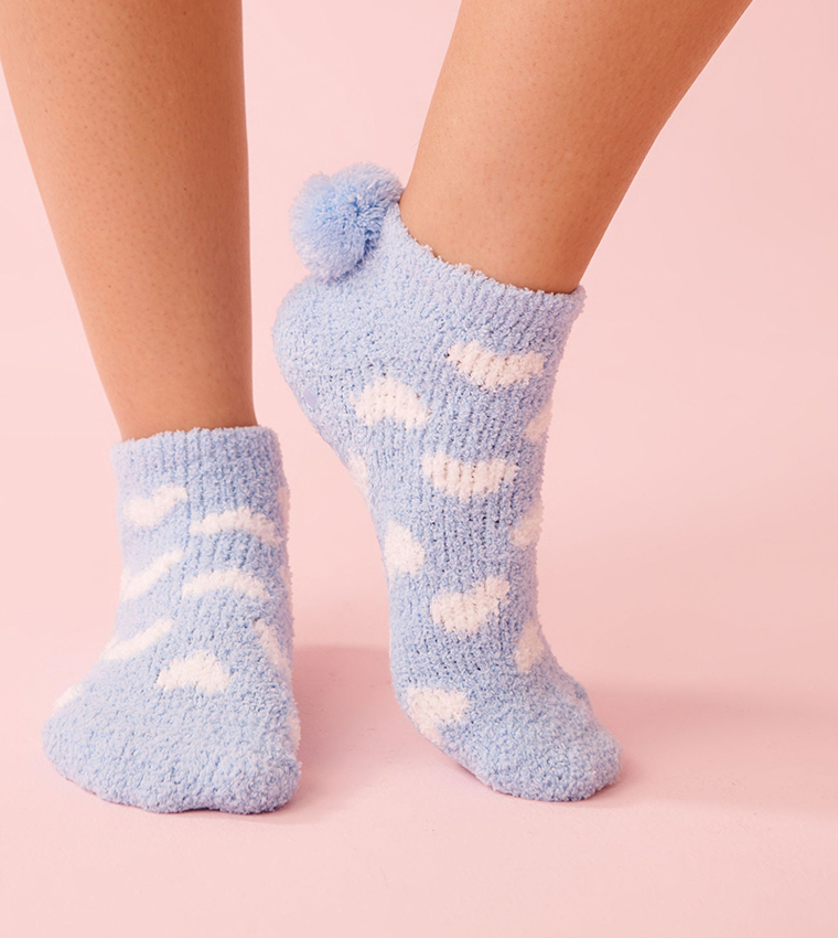 Heart Print Pompom Soft Plush Socks