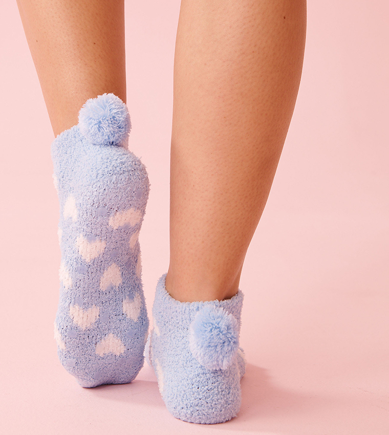 Heart Print Pompom Soft Plush Socks