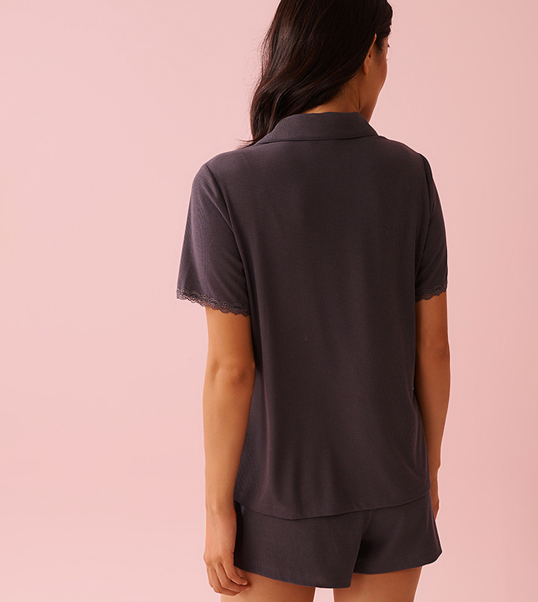 Ribbed Modal and Lace Trim Button-Down Shirt