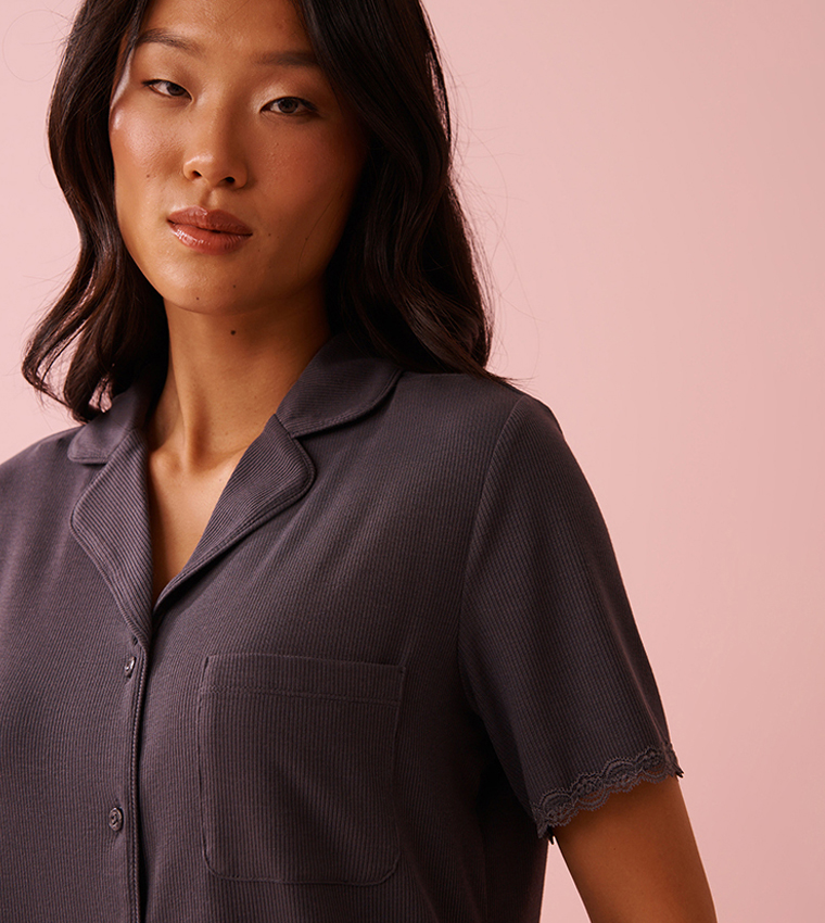 Ribbed Modal and Lace Trim Button-Down Shirt