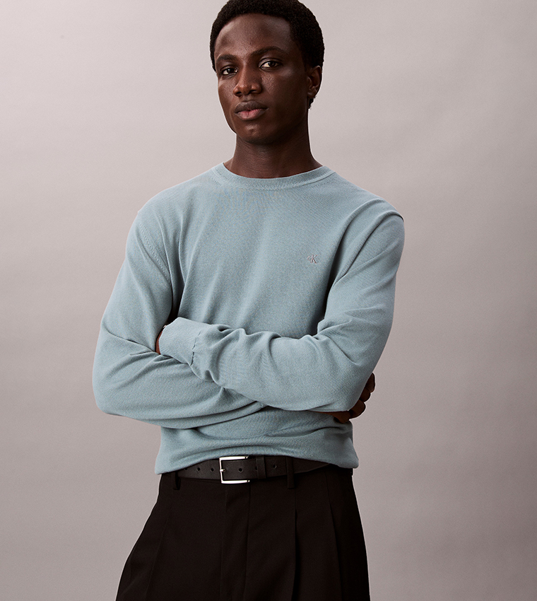 Solid Cotton Crew Neck Sweater