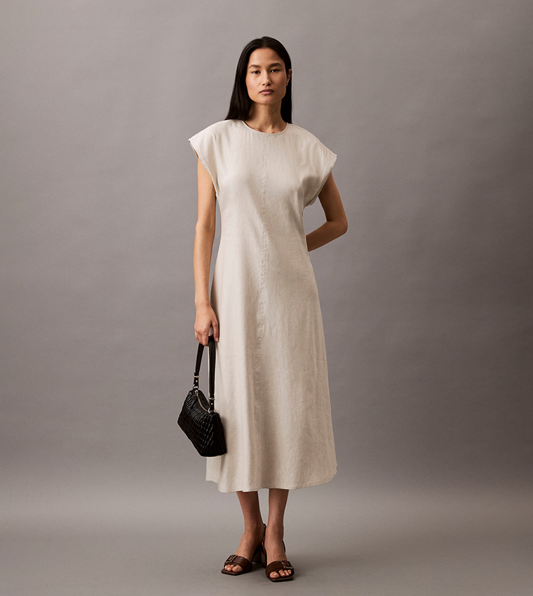 Solid Stretch Linen Midi Dress