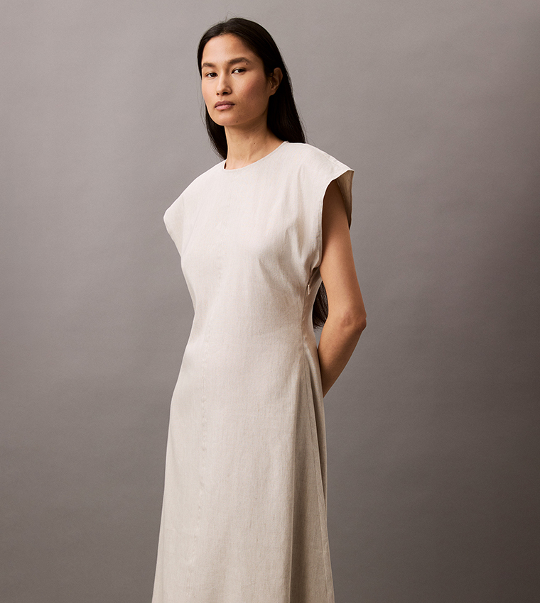 Solid Stretch Linen Midi Dress