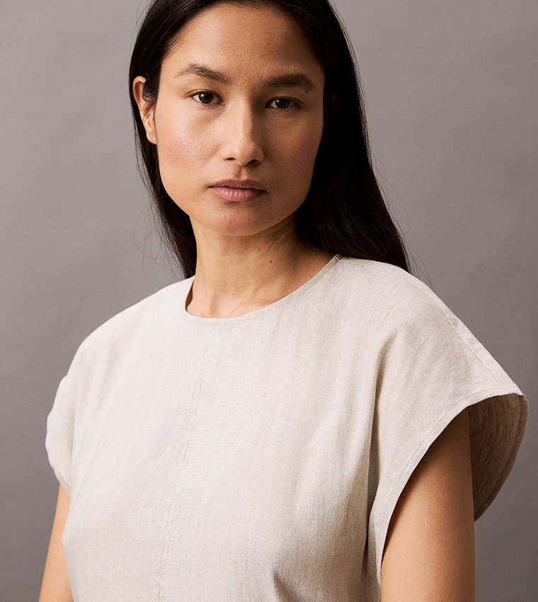 Solid Stretch Linen Midi Dress