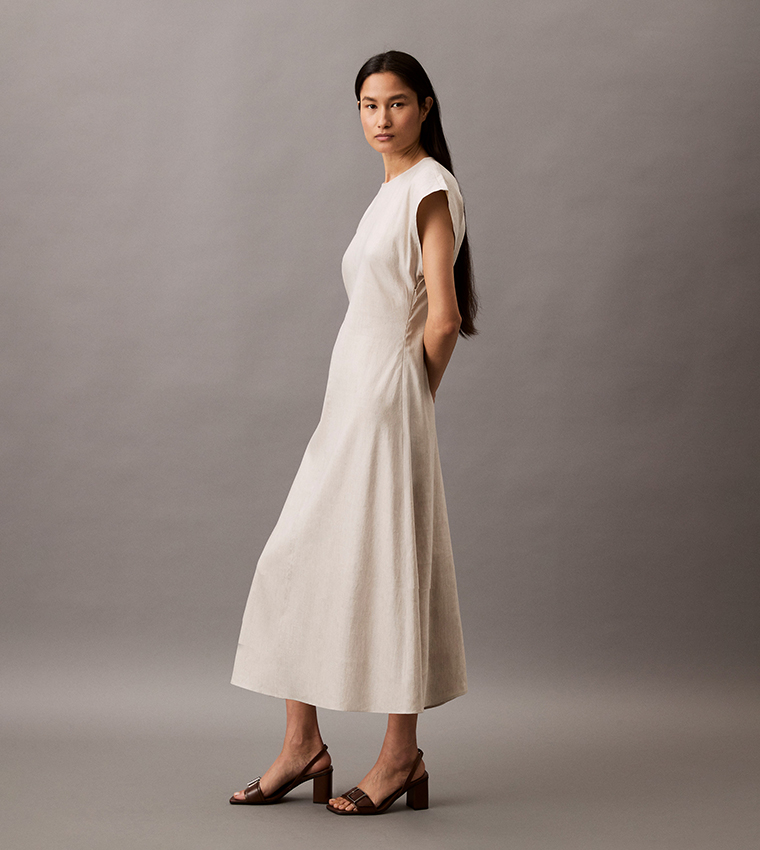 Solid Stretch Linen Midi Dress