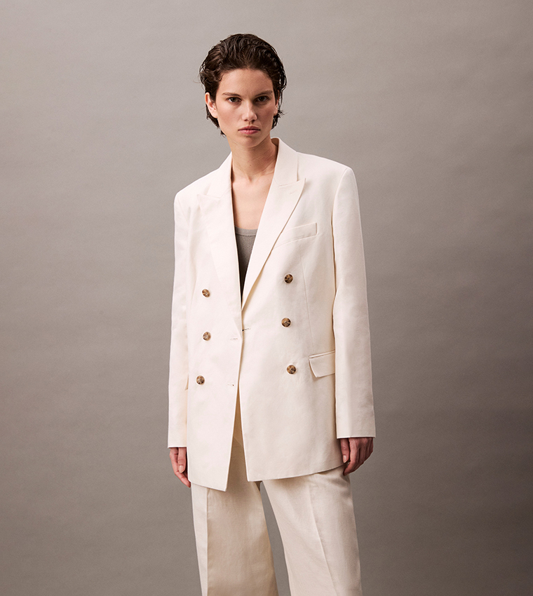 Relaxed Fit Double Breasted Linen Blazer