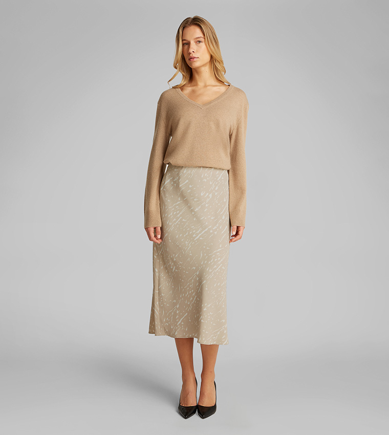 Printed Elastic Waist Midi Skirt