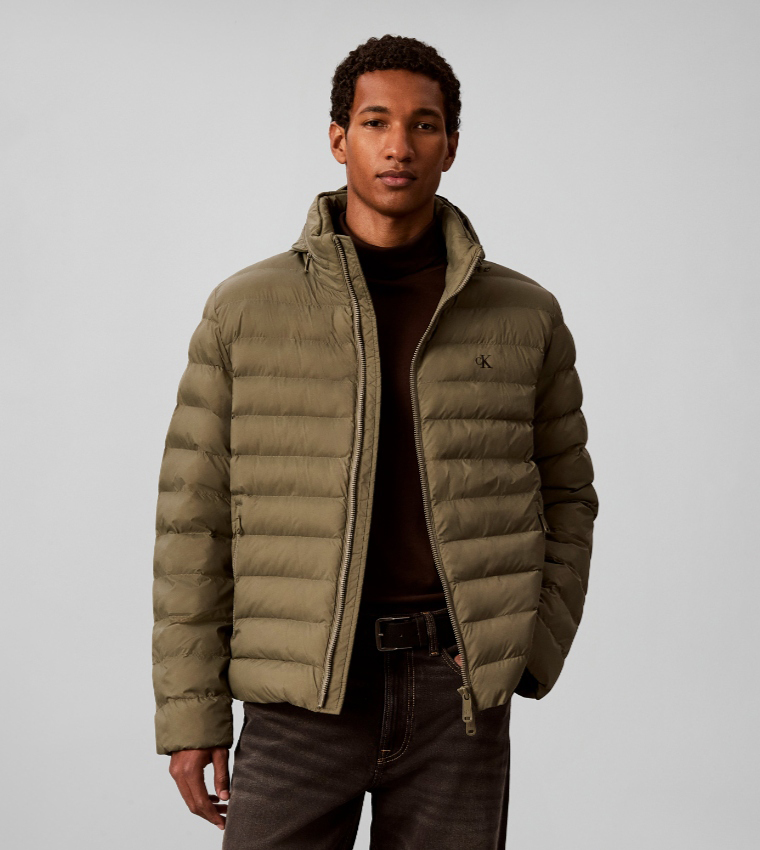 Solid Hooded Zip Puffer Jacket